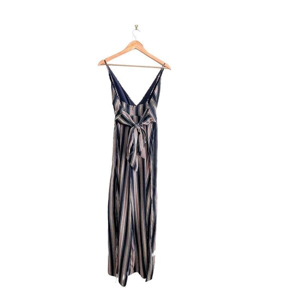 Hommage Deep V-Neck Striped Jumpsuit Black Tie Side Slit Women's S Back Zip - Picture 2 of 9